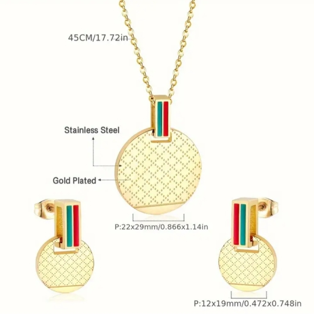 Chic Gold Necklace and Earring Set with Red and Green Accents 925 Stamp - Picture 7 of 7